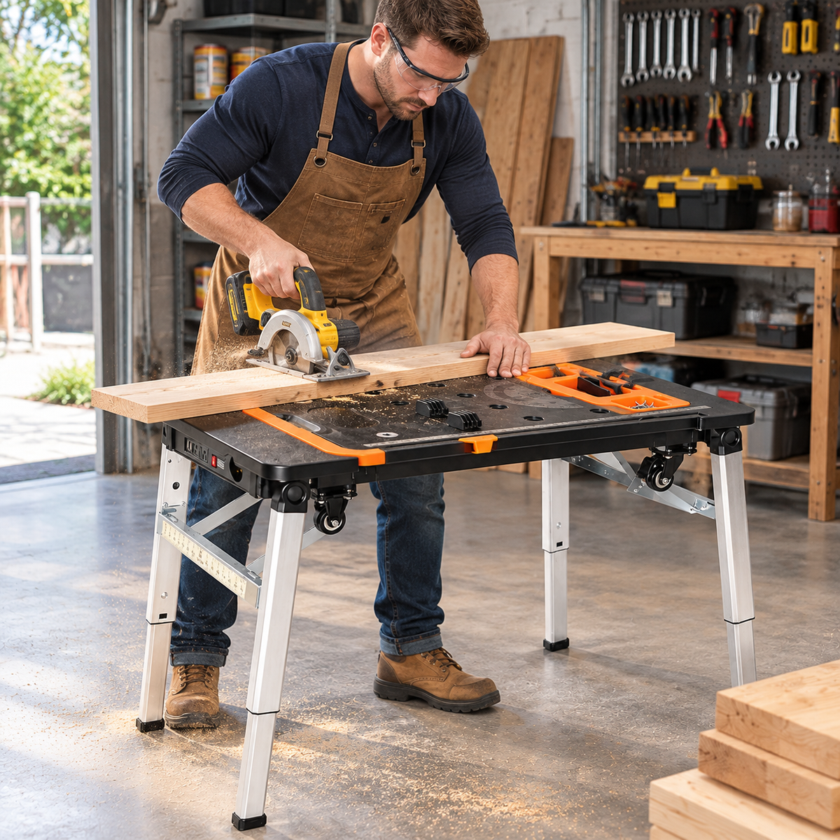 Multifunctional Folding Workbench with Adjustable Height, Built-In Tool Storage, Clamps & Portable Design