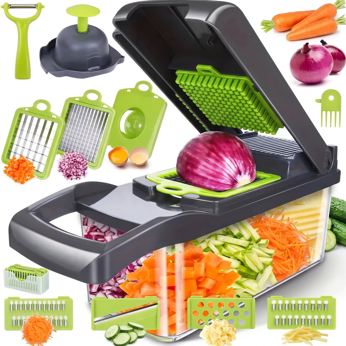 16-in-1 Multifunctional Vegetable Cutter – 8-Blade Food Slicer & Dicer with Storage Container