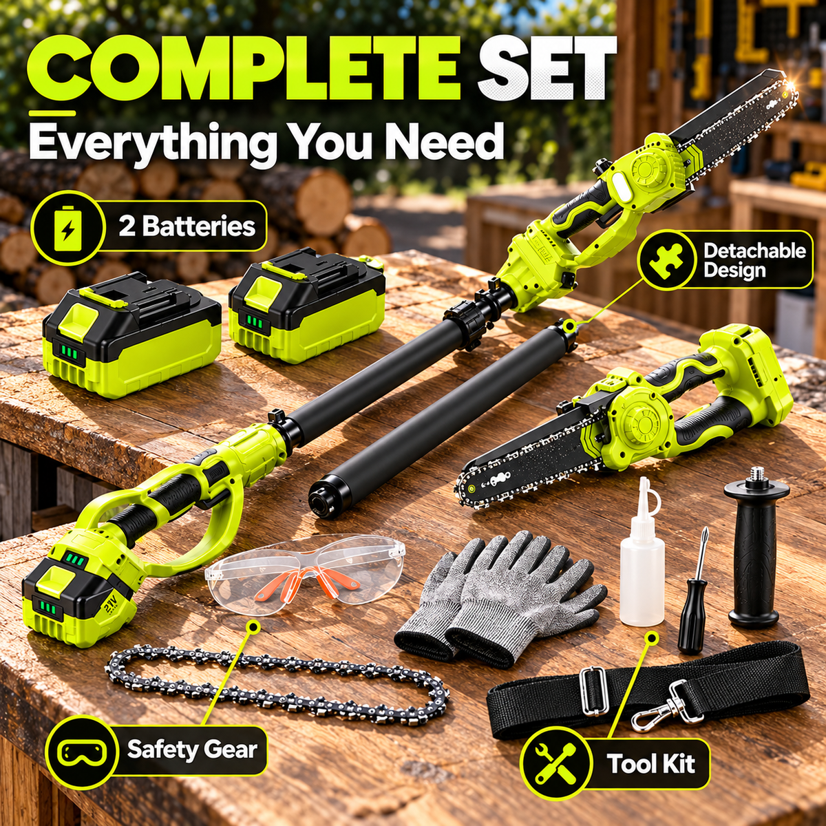 21V Cordless Pole Saw, 8.2FT Extendable with 2×4.0Ah Batteries, Auto Oiler Tree Trimmer