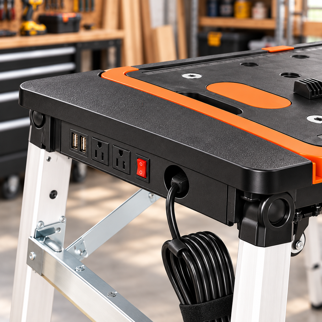 Multifunctional Folding Workbench with Adjustable Height, Built-In Tool Storage, Clamps & Portable Design