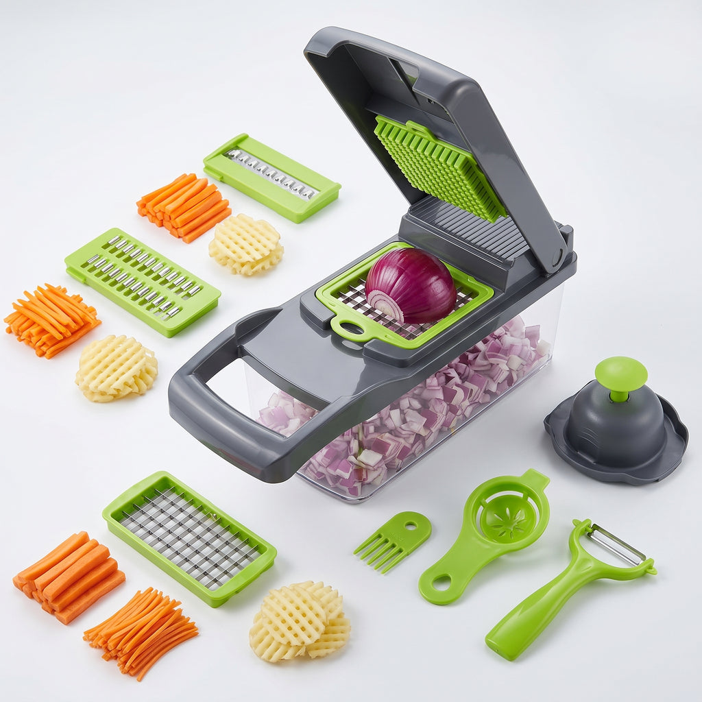 16-in-1 Multifunctional Vegetable Cutter – 8-Blade Food Slicer & Dicer with Storage Container
