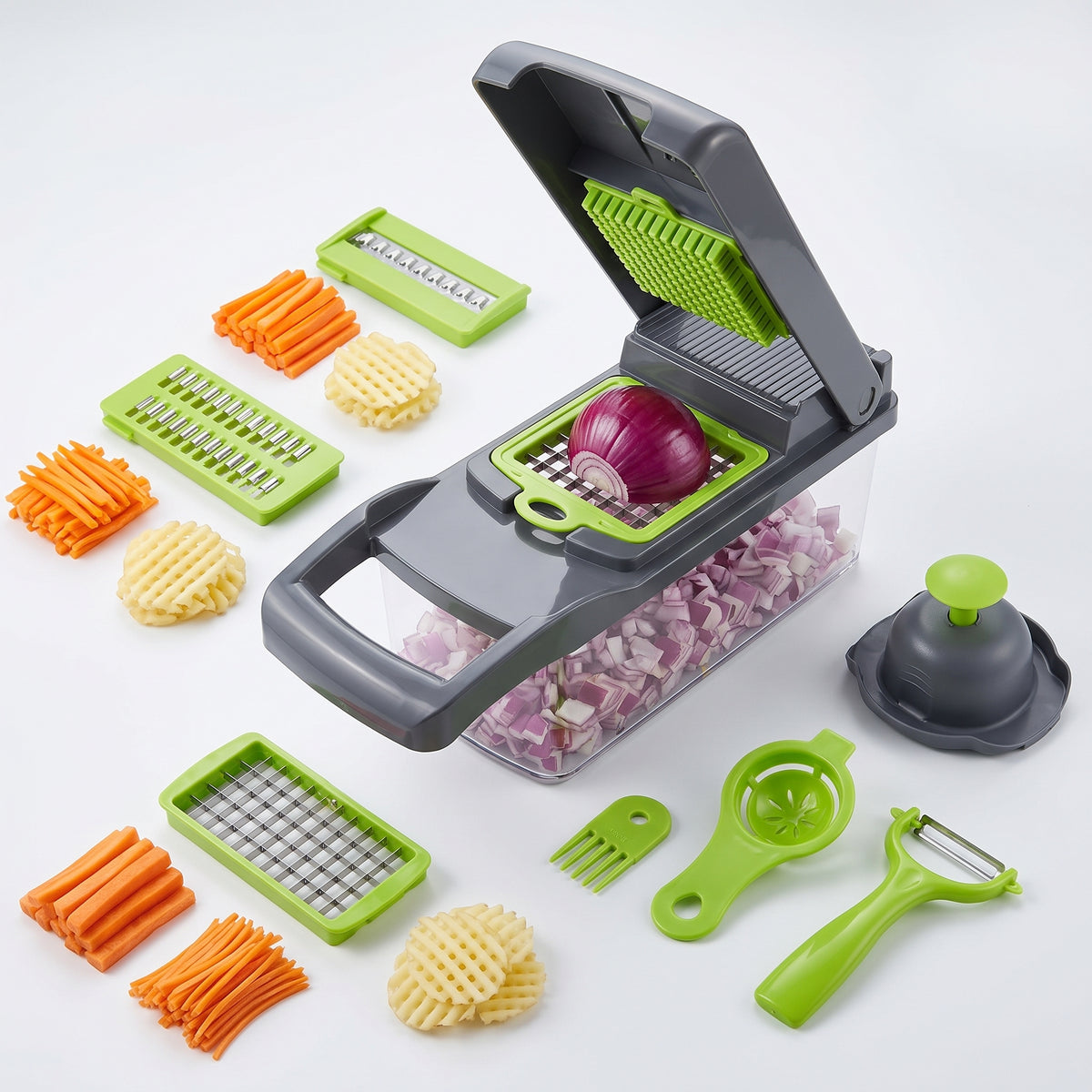 16-in-1 Multifunctional Vegetable Cutter – 8-Blade Food Slicer & Dicer with Storage Container