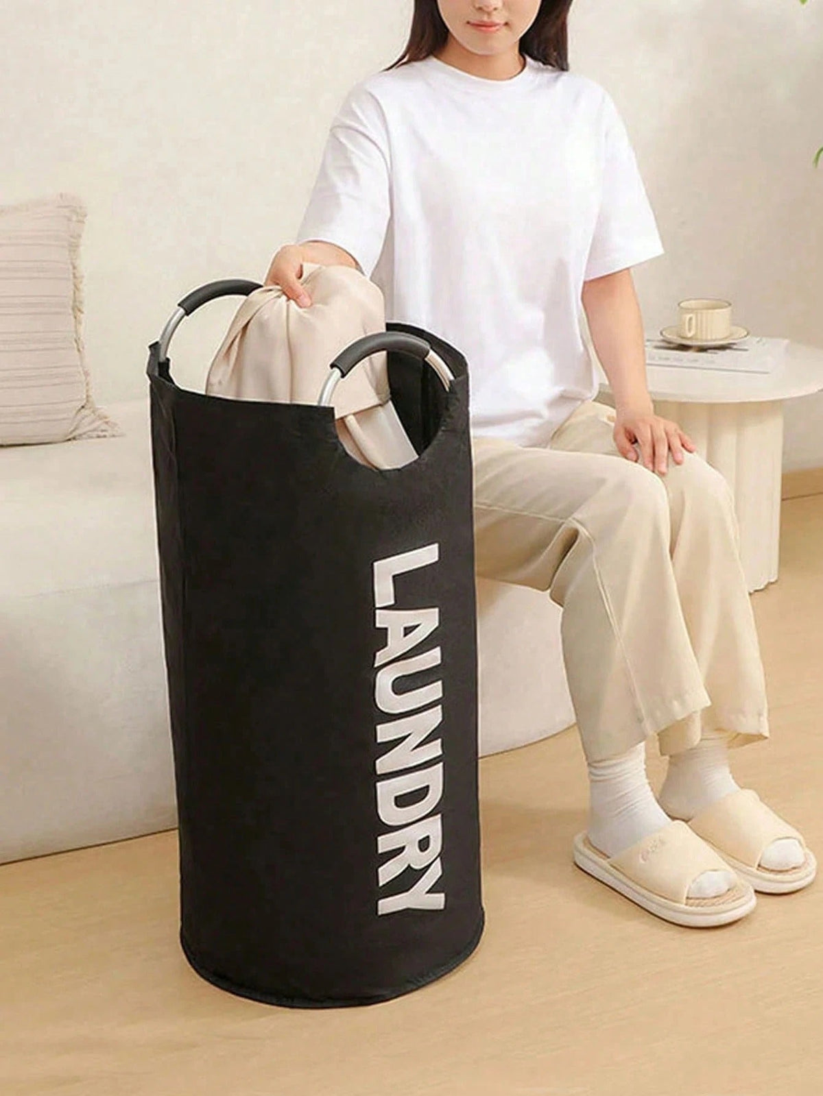 Extra Large High Quality Laundry Basket With Soft Padded Handles - Fabric Laundry Hamper, Foldable Round Basket, Suitable For Various Room Types, Casual Style Clothes Storage Box, Laundry Accessories, Laundry Basket, Space Saving