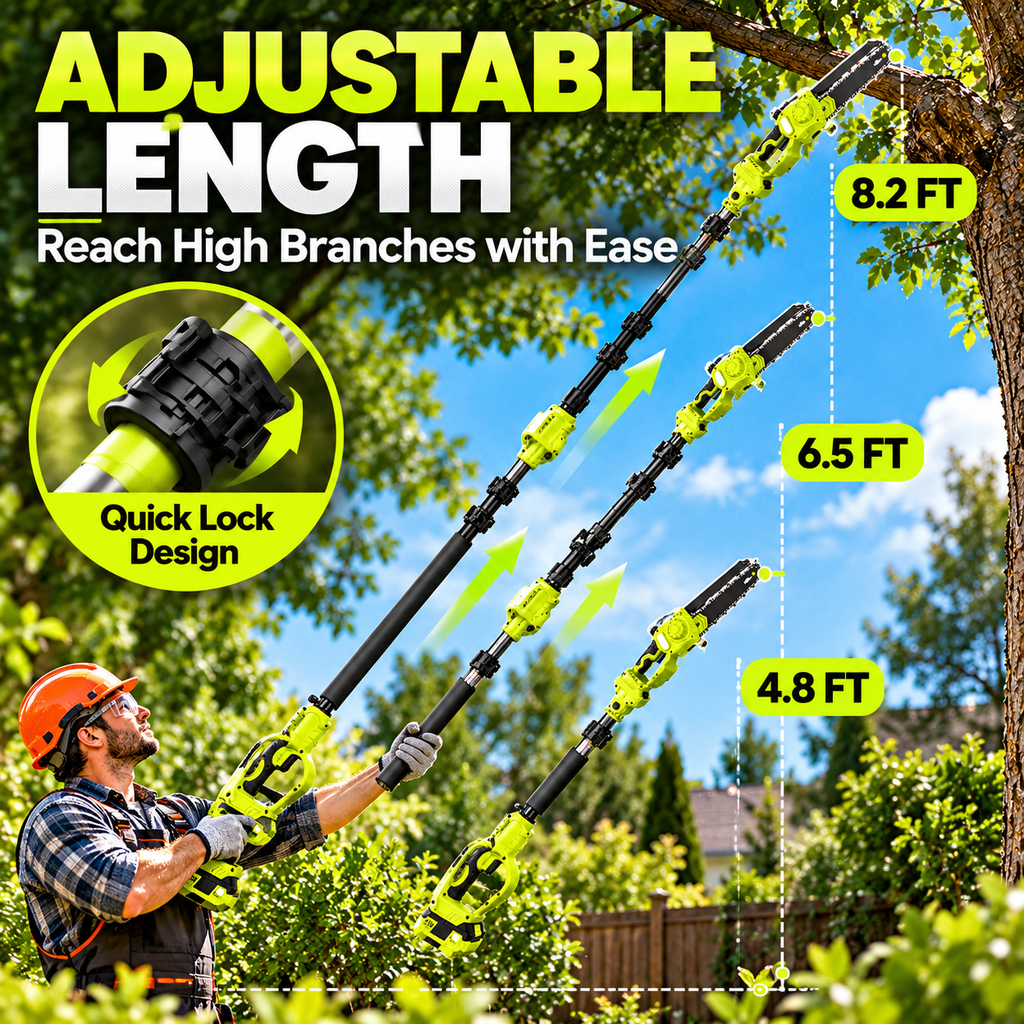 21V Cordless Pole Saw, 8.2FT Extendable with 2×4.0Ah Batteries, Auto Oiler Tree Trimmer