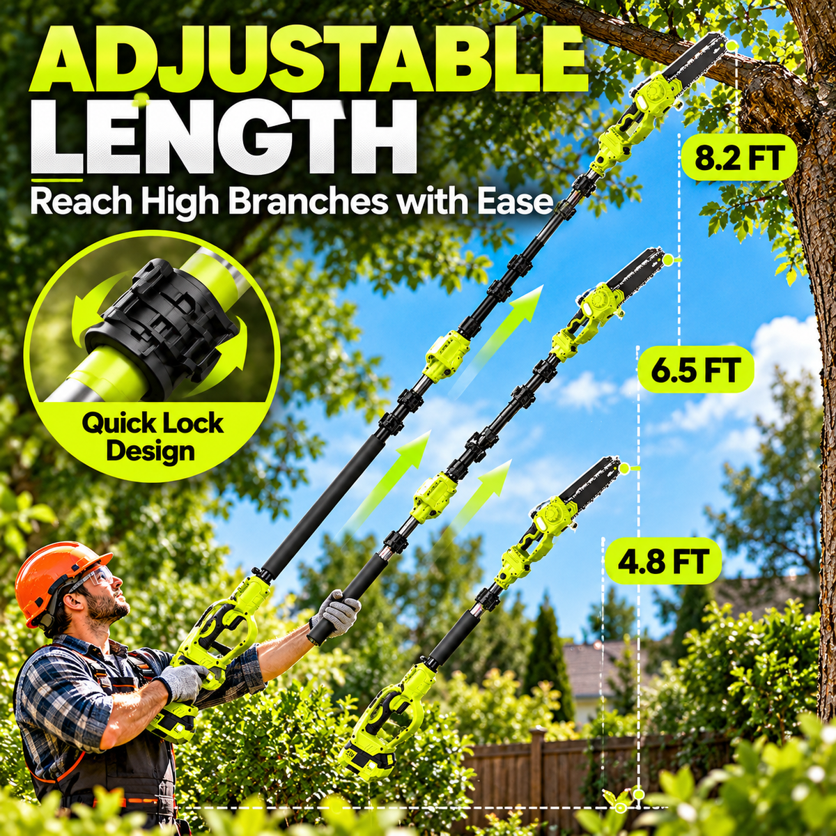 21V Cordless Pole Saw, 8.2FT Extendable with 2×4.0Ah Batteries, Auto Oiler Tree Trimmer