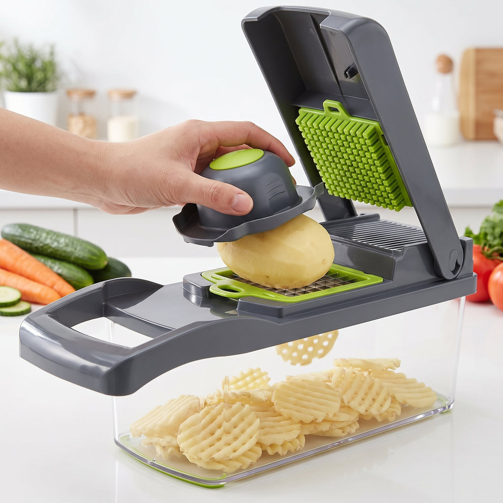 16-in-1 Multifunctional Vegetable Cutter – 8-Blade Food Slicer & Dicer with Storage Container