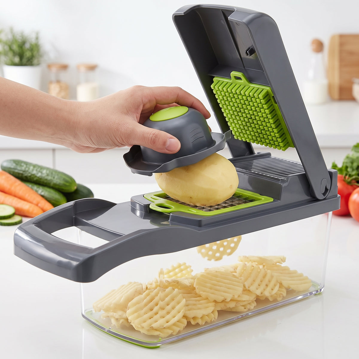 16-in-1 Multifunctional Vegetable Cutter – 8-Blade Food Slicer & Dicer with Storage Container