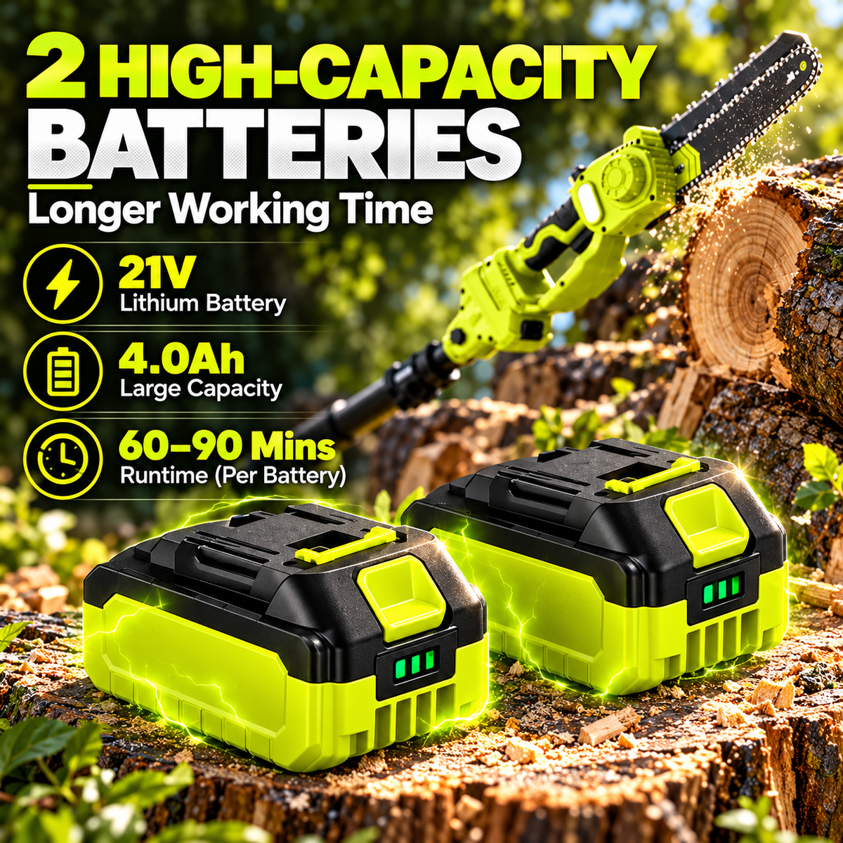 21V Cordless Pole Saw, 8.2FT Extendable with 2×4.0Ah Batteries, Auto Oiler Tree Trimmer