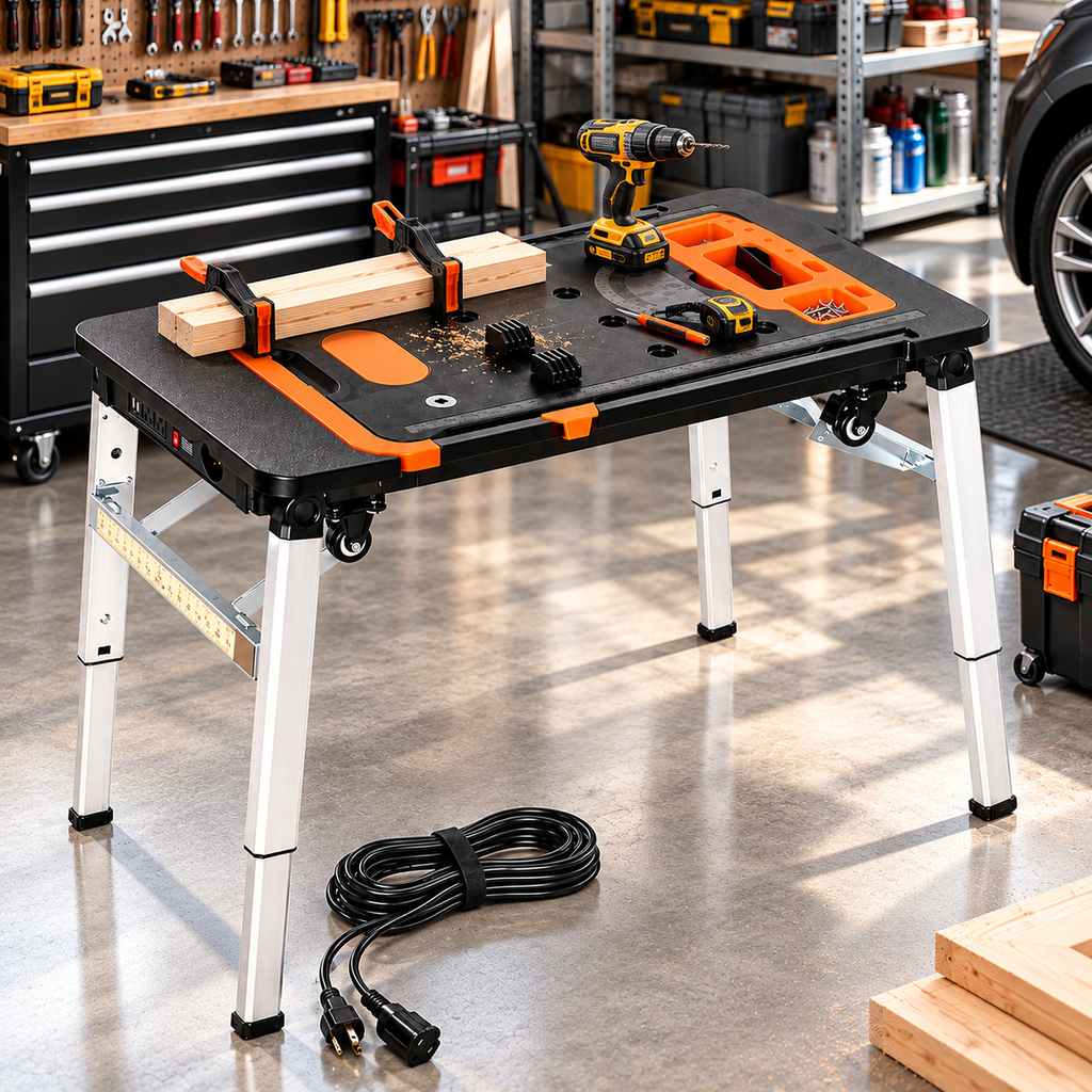 Multifunctional Folding Workbench with Adjustable Height, Built-In Tool Storage, Clamps & Portable Design