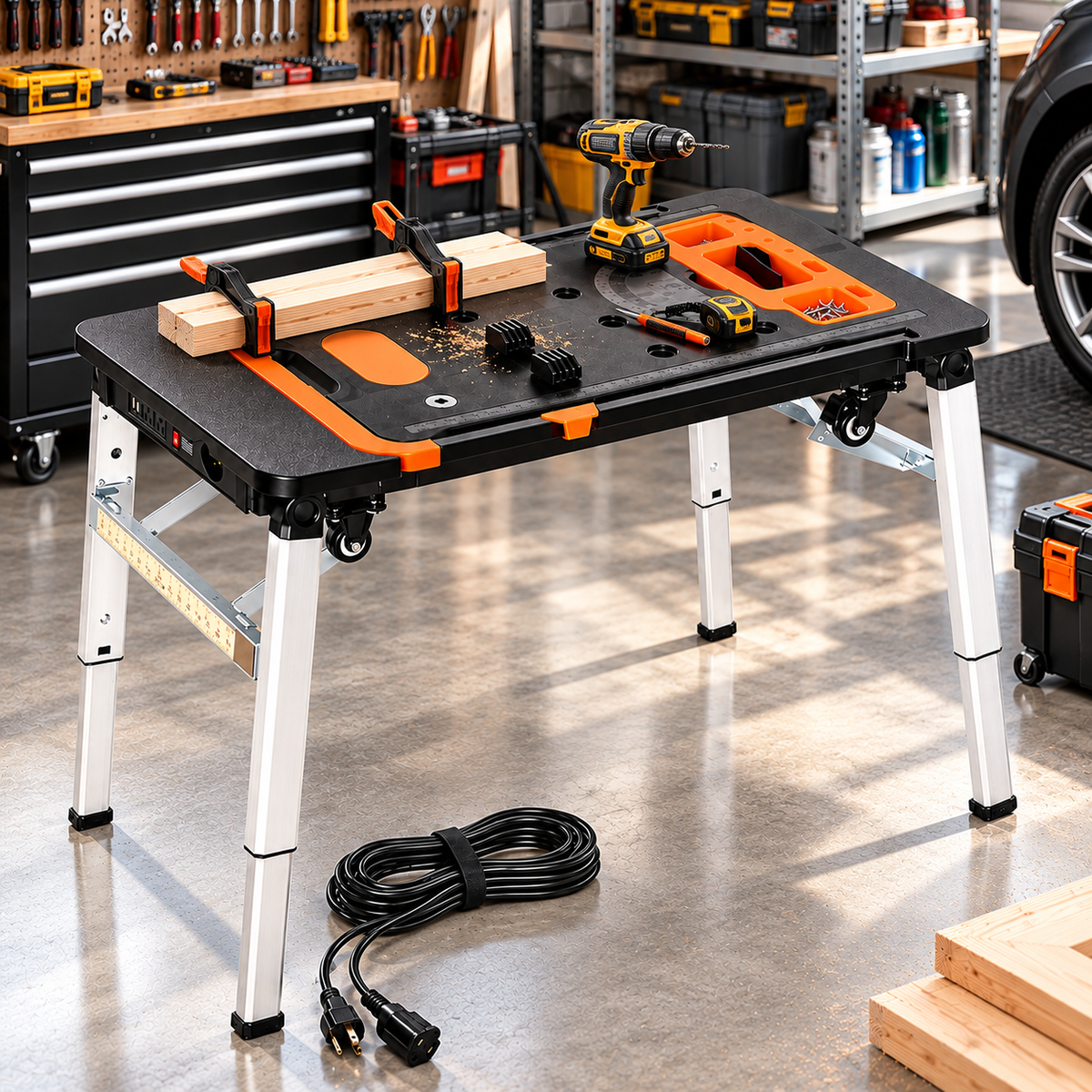 Multifunctional Folding Workbench with Adjustable Height, Built-In Tool Storage, Clamps & Portable Design