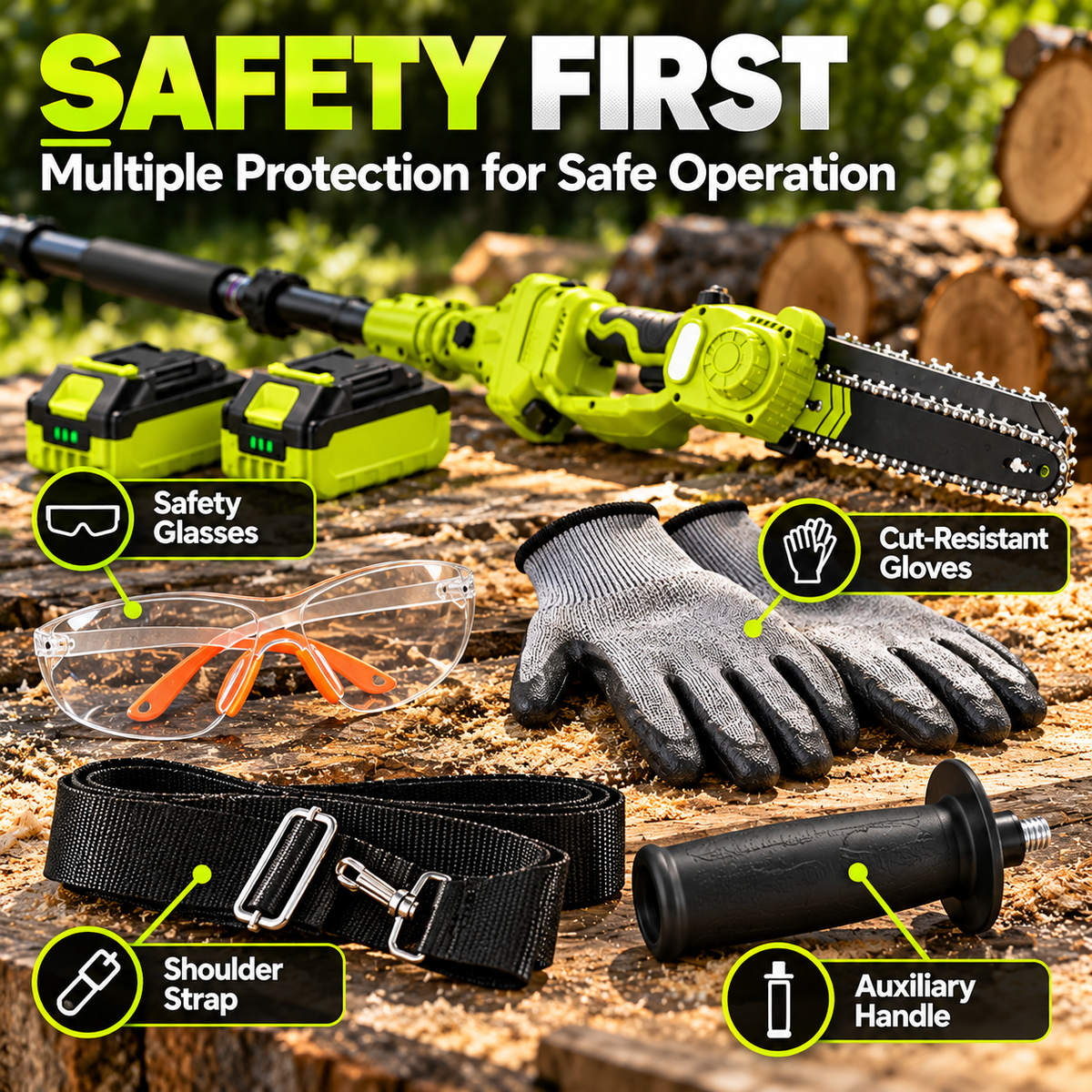 21V Cordless Pole Saw, 8.2FT Extendable with 2×4.0Ah Batteries, Auto Oiler Tree Trimmer