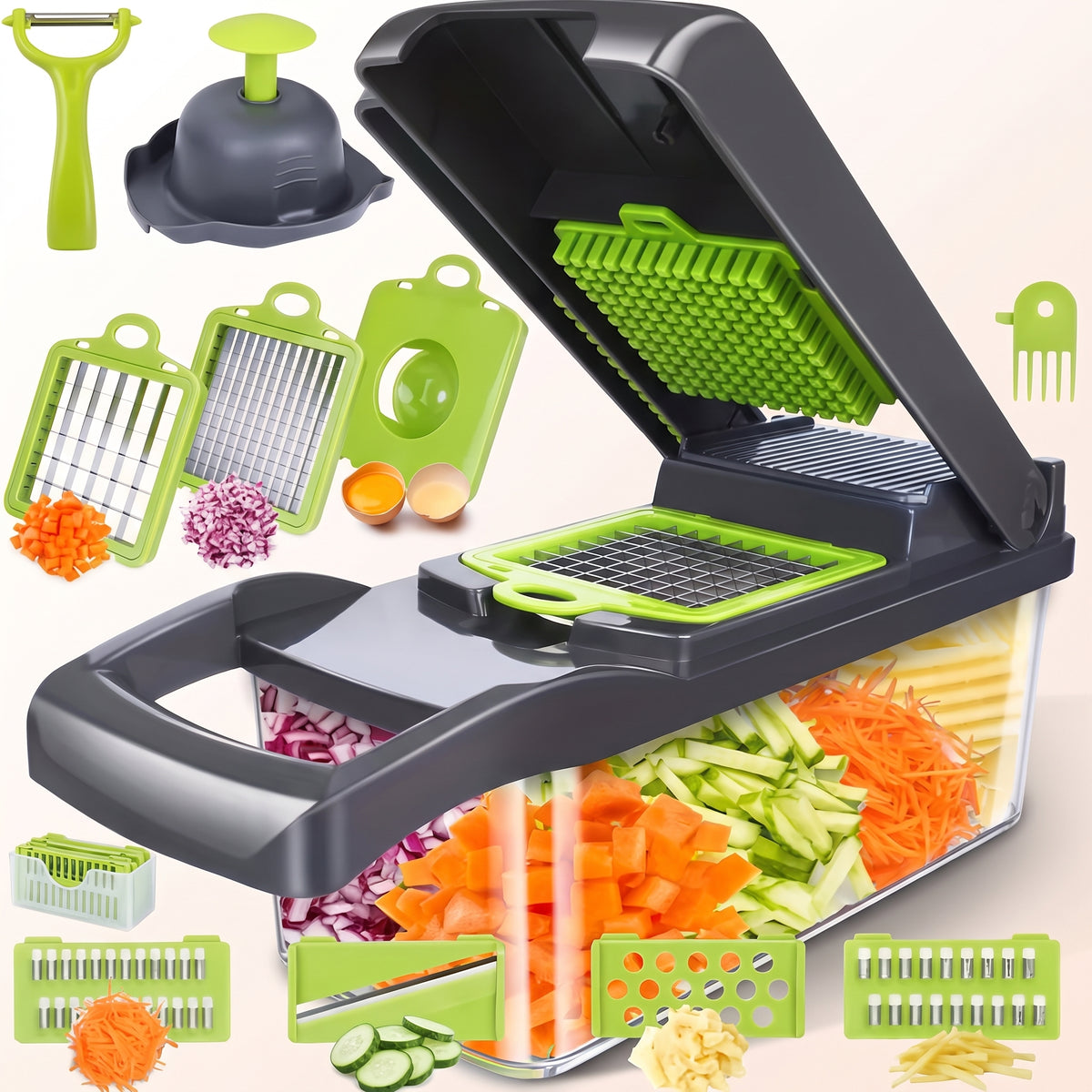 16-in-1 Multifunctional Vegetable Cutter – 8-Blade Food Slicer & Dicer with Storage Container