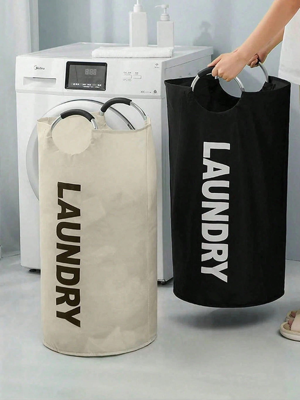 Extra Large High Quality Laundry Basket With Soft Padded Handles - Fabric Laundry Hamper, Foldable Round Basket, Suitable For Various Room Types, Casual Style Clothes Storage Box, Laundry Accessories, Laundry Basket, Space Saving