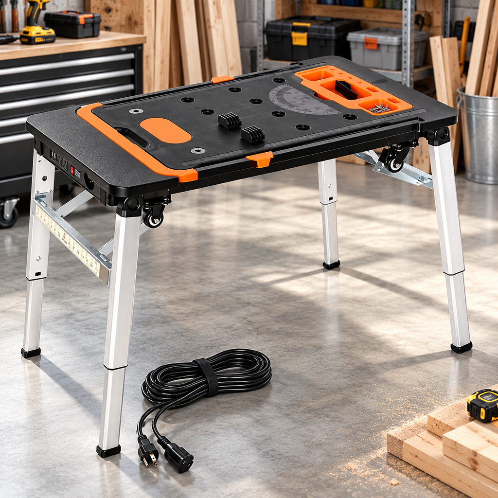 Multifunctional Folding Workbench with Adjustable Height, Built-In Tool Storage, Clamps & Portable Design