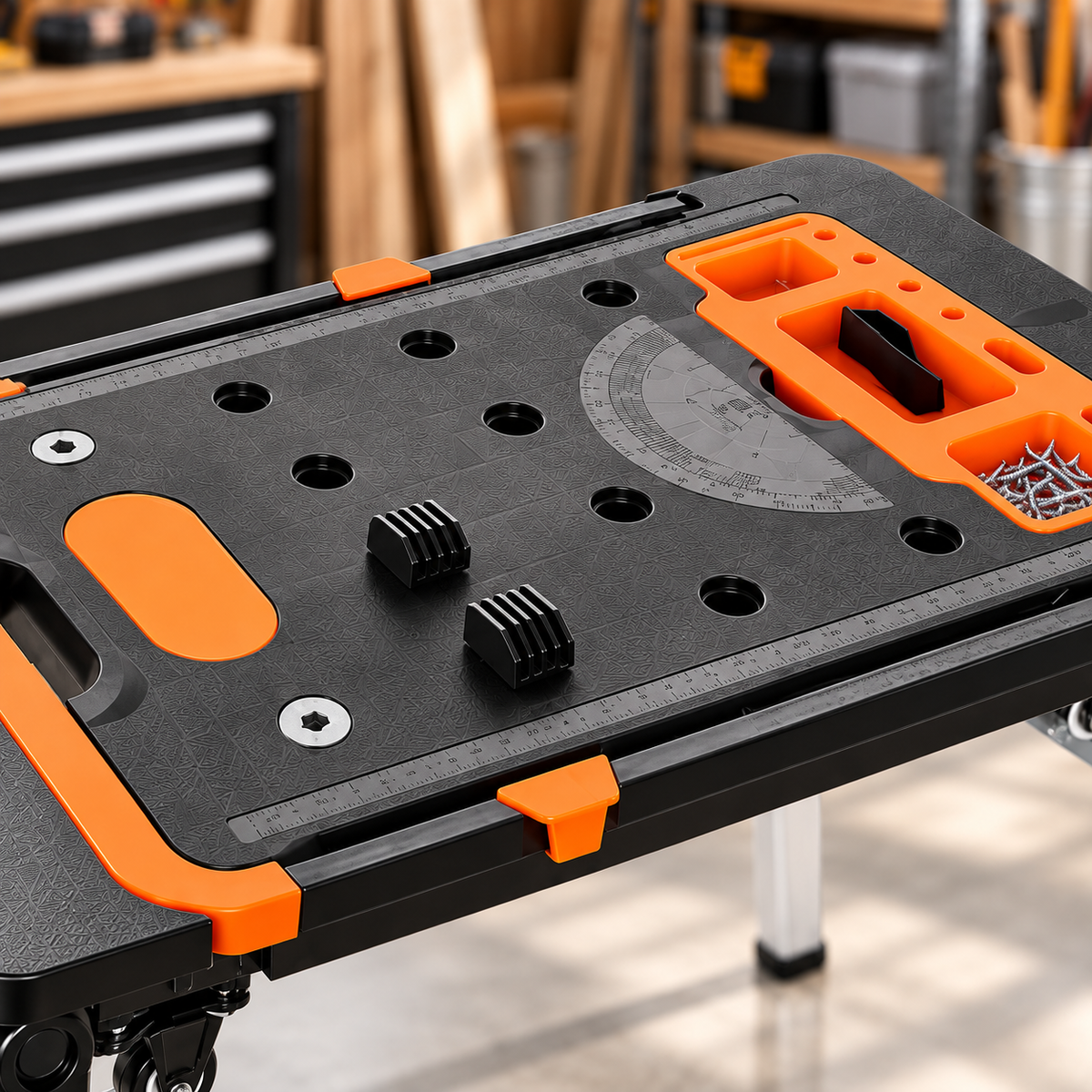 Multifunctional Folding Workbench with Adjustable Height, Built-In Tool Storage, Clamps & Portable Design